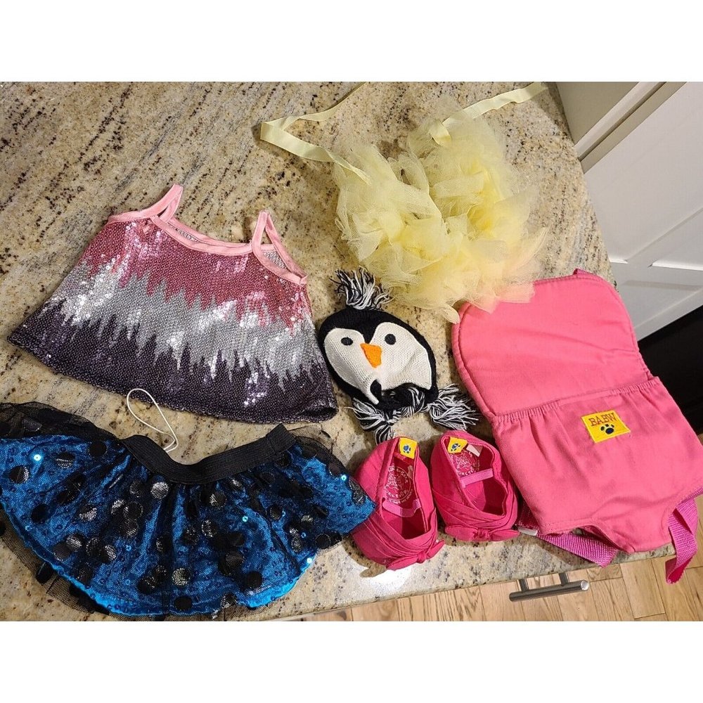 Build A Bear BABW Pink Party Dress Sequin Shoes Backpack Skirt Blue Penguin Hat